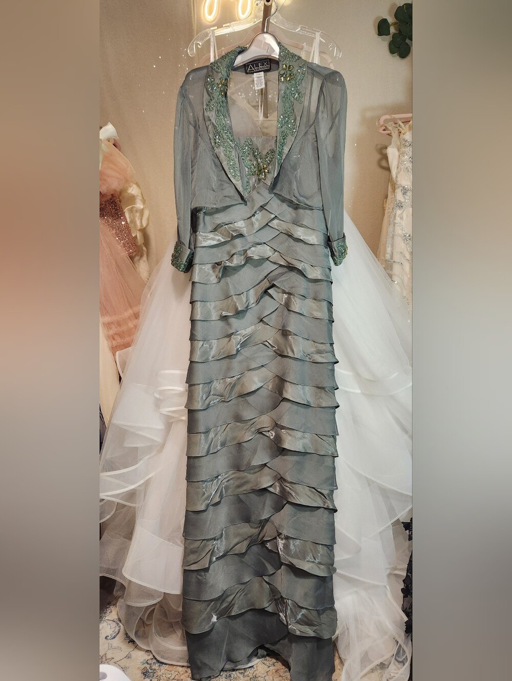 Vintage Alex Evenings Size 8 Green Tiered Evening Gown with Jacket - Picture 11 of 12